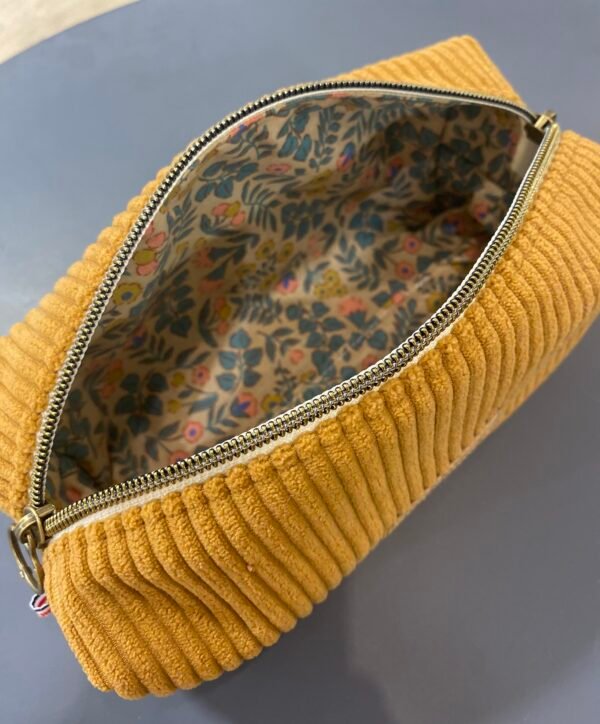 Trousse velours Ocre - intérieur feuillage bleu