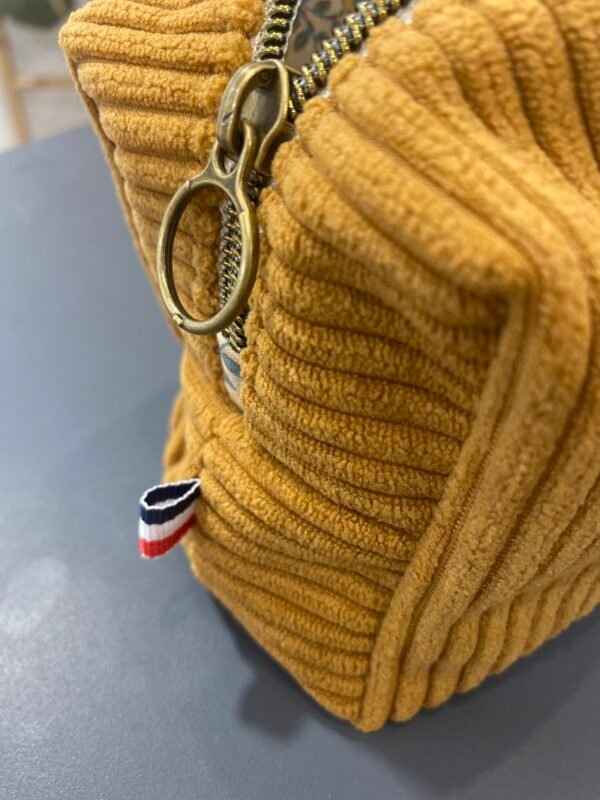 Trousse velours Ocre - intérieur feuillage bleu