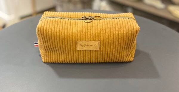 Trousse velours Ocre - intérieur feuillage bleu